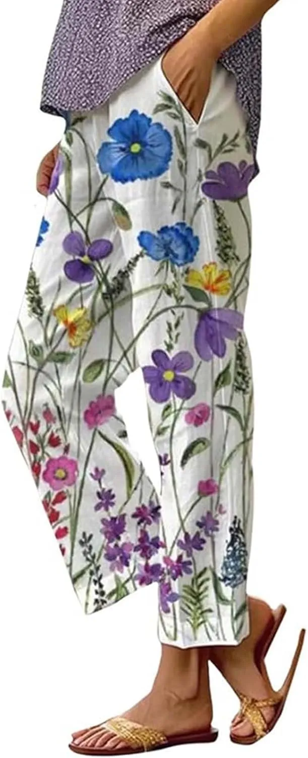 Women's Linen Pants with Pockets Flower Flower Casual Loose Comfortable Cotton Linen Womens Linen Pants Straight Leg