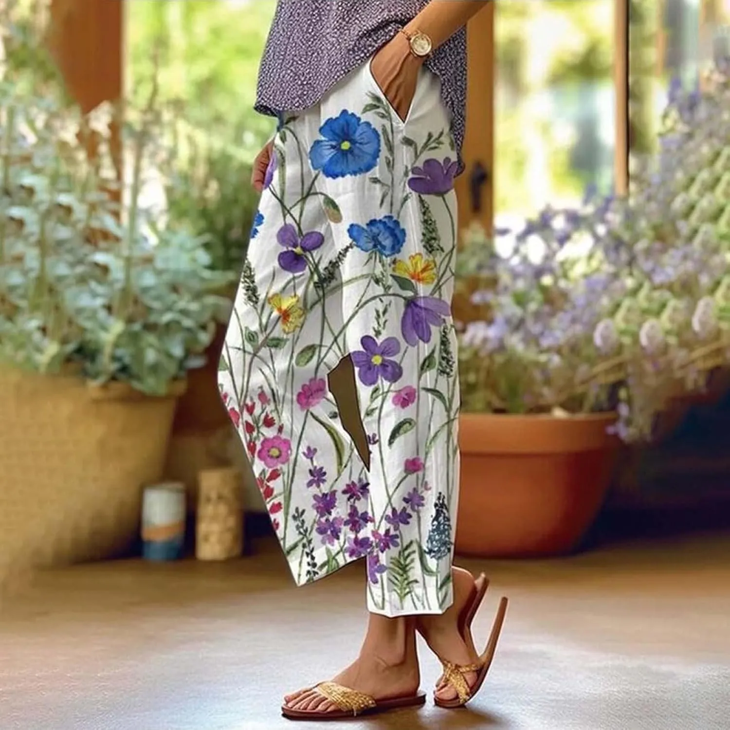 Women's Linen Pants with Pockets Flower Flower Casual Loose Comfortable Cotton Linen Womens Linen Pants Straight Leg