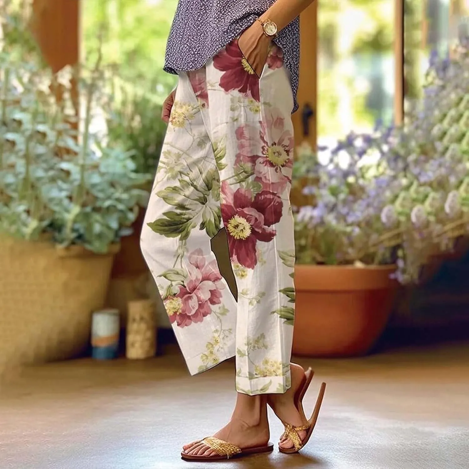 Women's Linen Pants with Pockets Flower Flower Casual Loose Comfortable Cotton Linen Womens Linen Pants Straight Leg