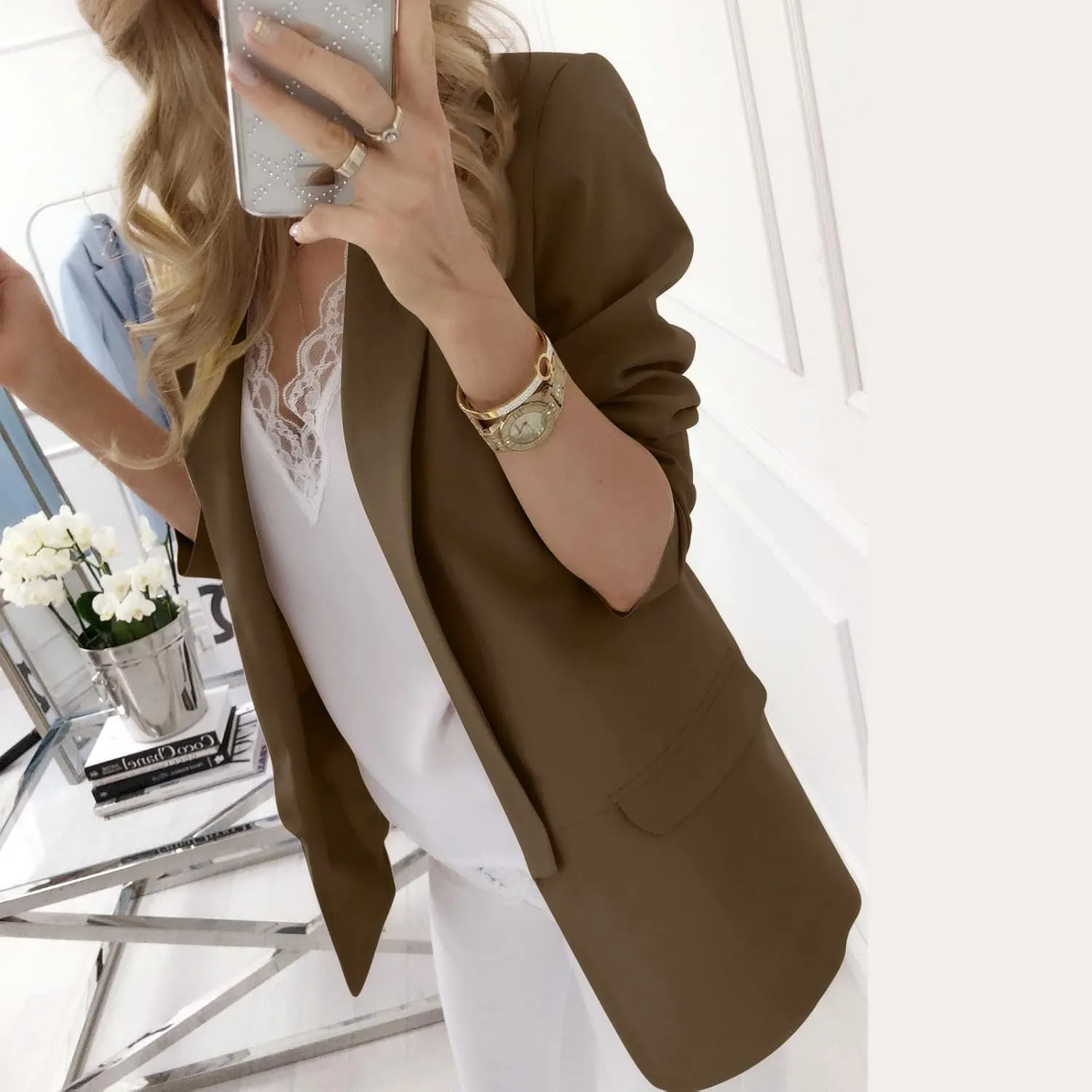 Womens Long Sleeve Blazers Casual Open Front Work Office Suit Jackets Lapel Lightweight Solid Boyfriend Blazer Jacket