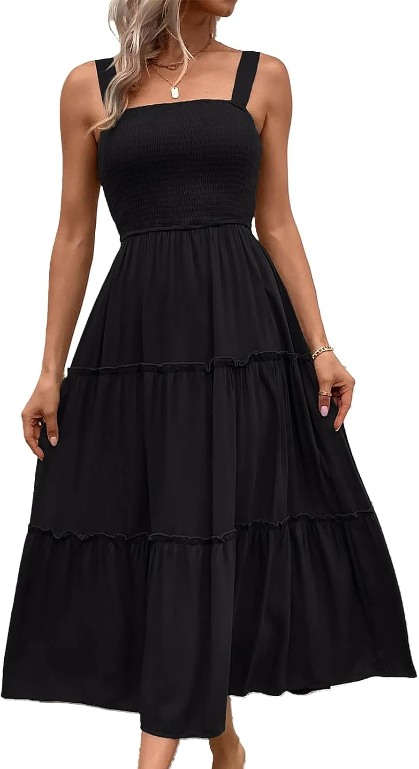 Womens Sleeveless Maxi Dress 2025 Summer Dresses Square Neck Smocked Ruffle Beach Sundress