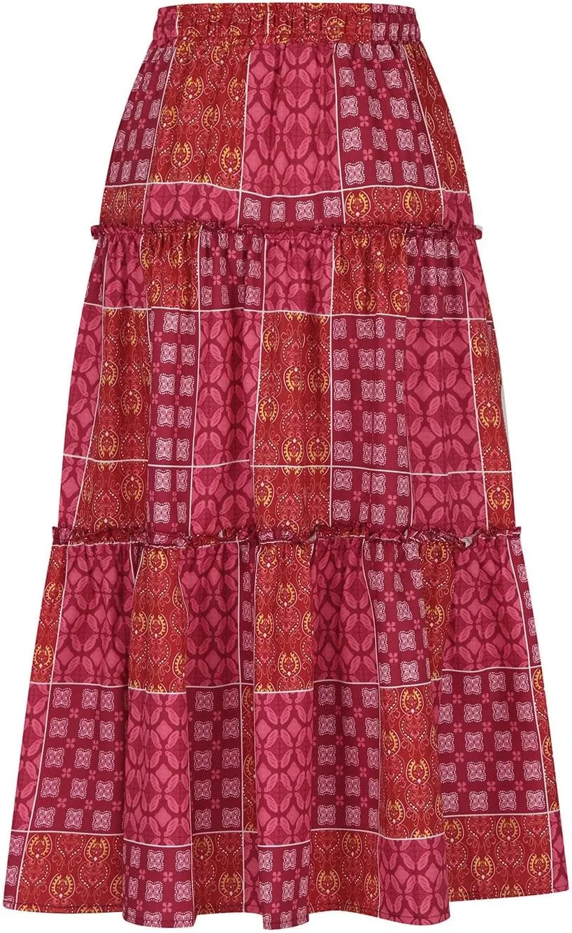 Women's Summer Casual Floral Print High Waist Drawstring Long Skirt Trendy Boho Pleated Loose Flowy A Line Skirts