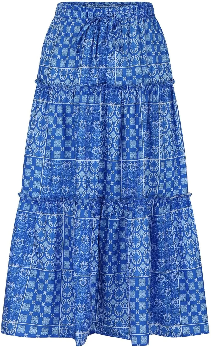 Women's Summer Casual Floral Print High Waist Drawstring Long Skirt Trendy Boho Pleated Loose Flowy A Line Skirts