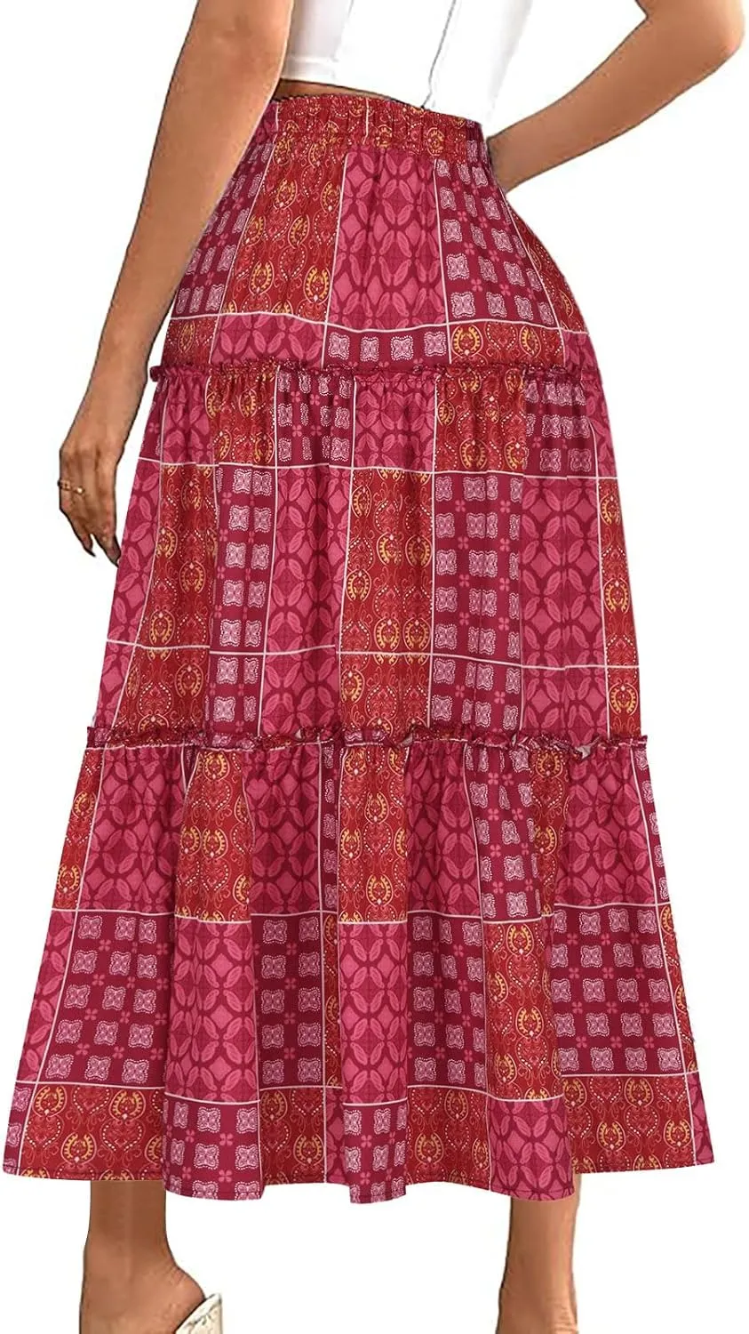Women's Summer Casual Floral Print High Waist Drawstring Long Skirt Trendy Boho Pleated Loose Flowy A Line Skirts