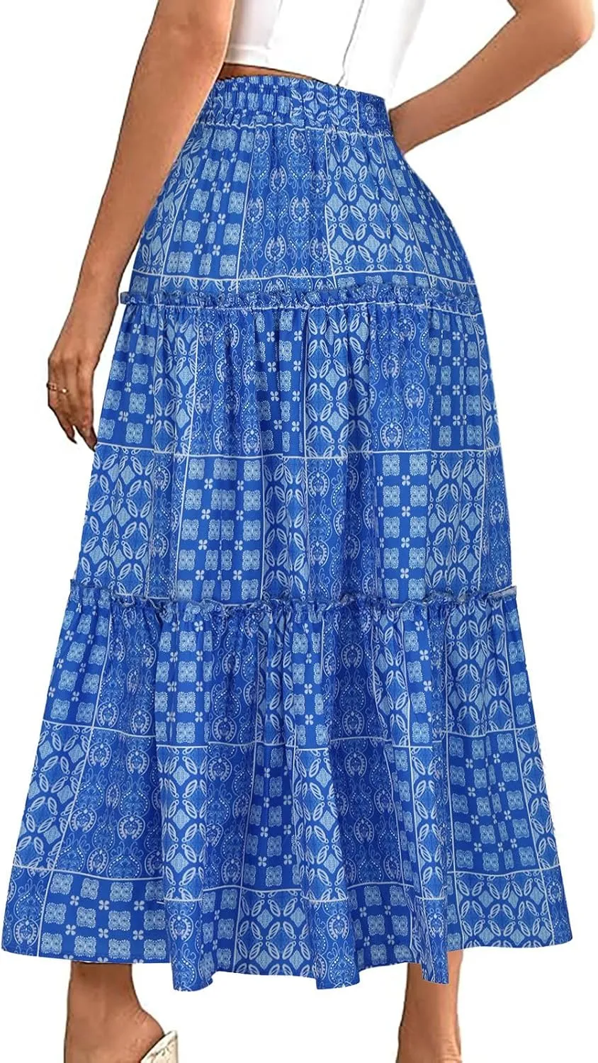 Women's Summer Casual Floral Print High Waist Drawstring Long Skirt Trendy Boho Pleated Loose Flowy A Line Skirts