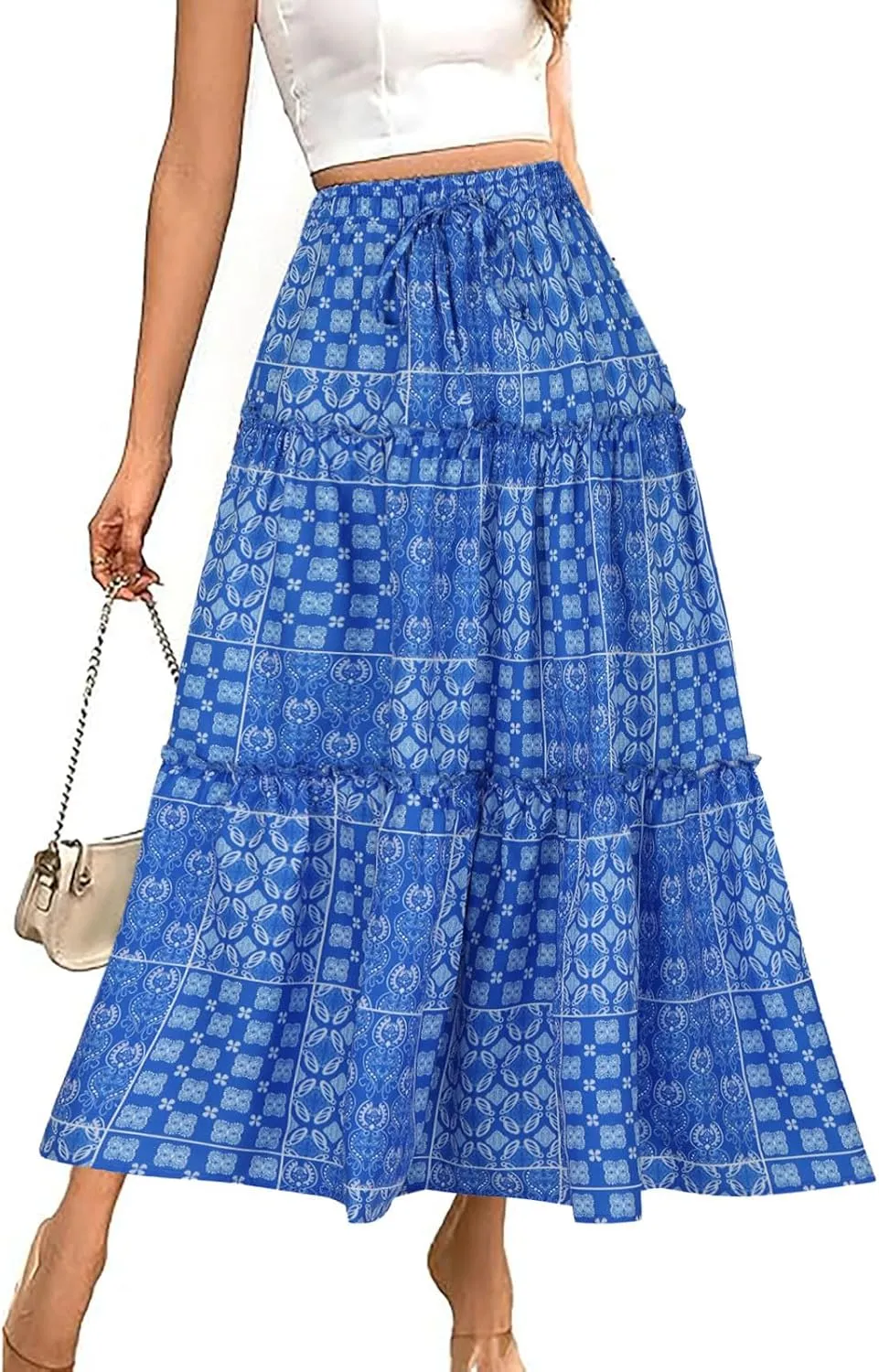 Women's Summer Casual Floral Print High Waist Drawstring Long Skirt Trendy Boho Pleated Loose Flowy A Line Skirts