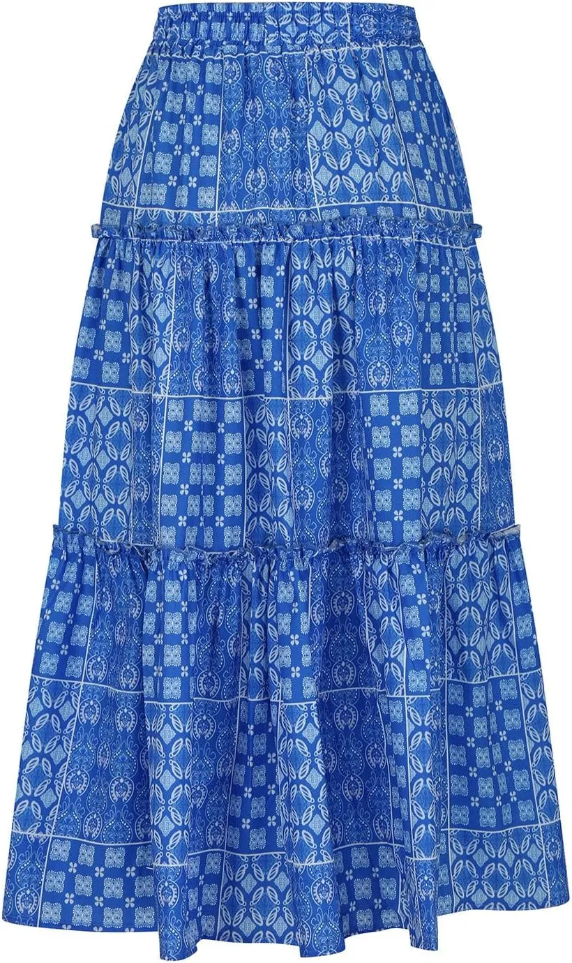 Women's Summer Casual Floral Print High Waist Drawstring Long Skirt Trendy Boho Pleated Loose Flowy A Line Skirts