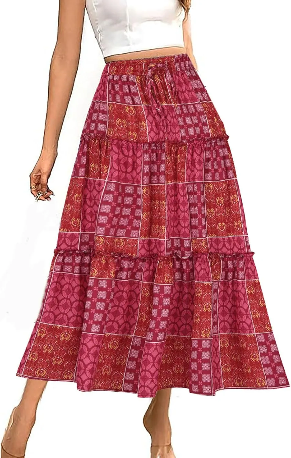 Women's Summer Casual Floral Print High Waist Drawstring Long Skirt Trendy Boho Pleated Loose Flowy A Line Skirts