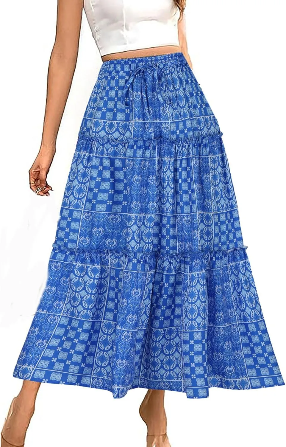Women's Summer Casual Floral Print High Waist Drawstring Long Skirt Trendy Boho Pleated Loose Flowy A Line Skirts