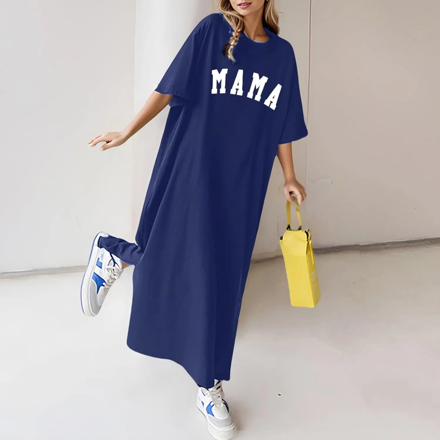 Women's Summer Loose Casual Mama Print Short Sleeve T Shirt Long Dress Casual Dresses Midi Length