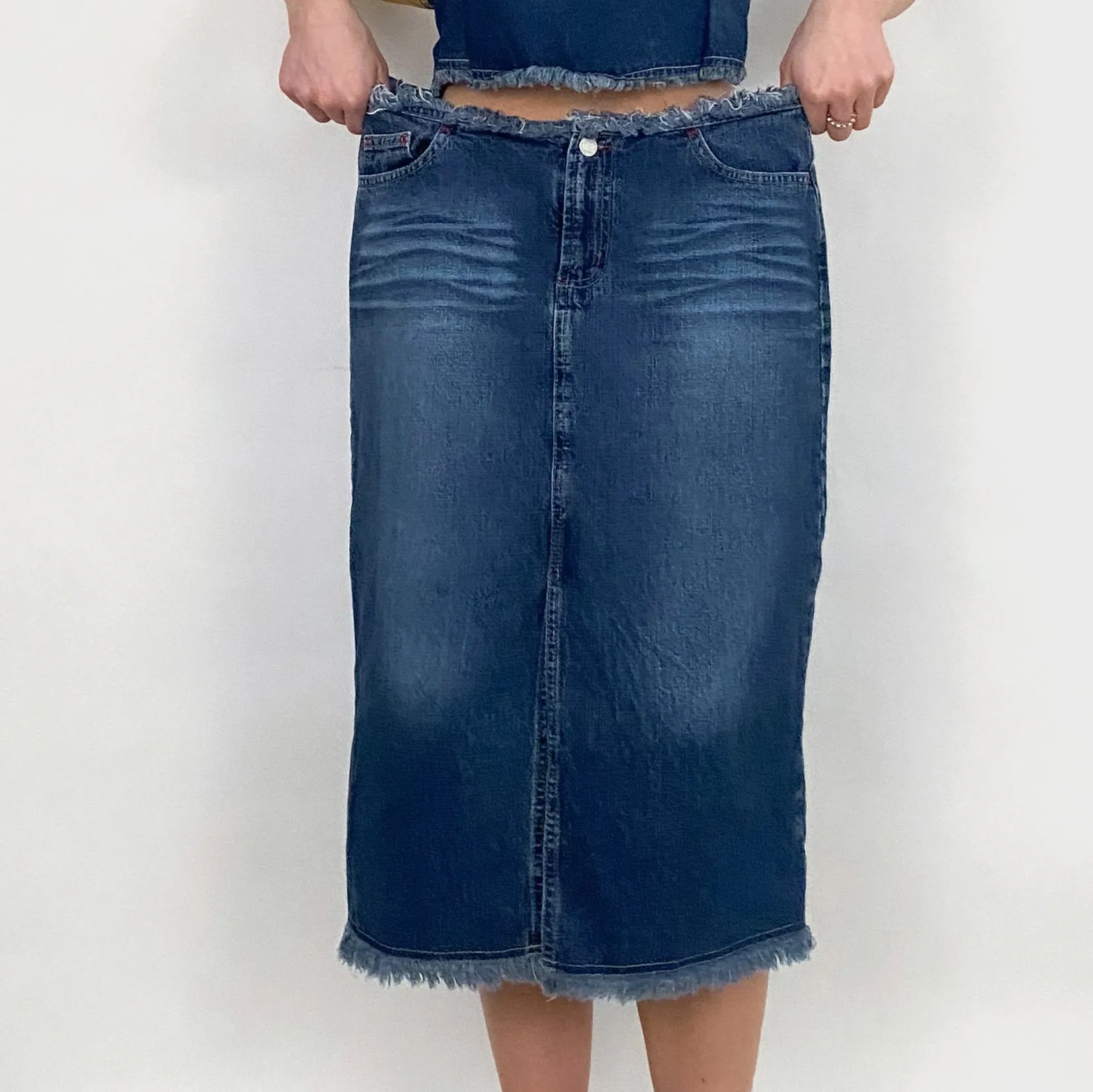 Y2K Frayed Denim Midi Skirt - 11