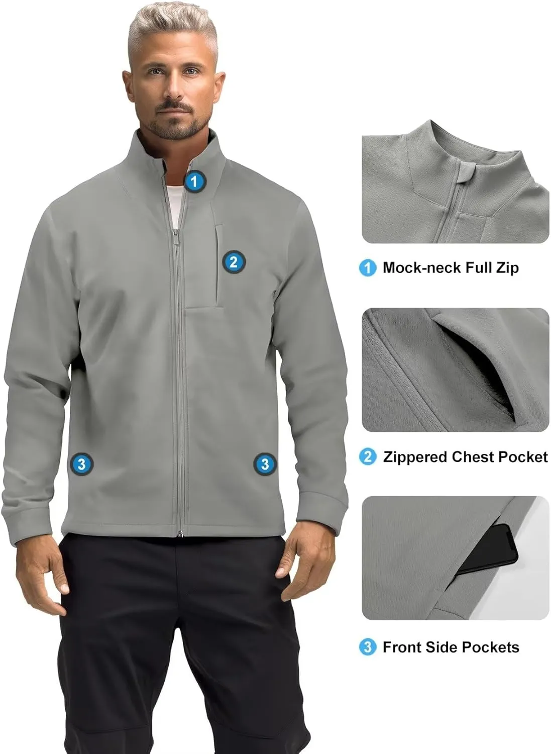 Zengjo Men's Track Jackets Full-Zip Athletic Jacket Sweatshirt Mock Neck with Zipper Pockets