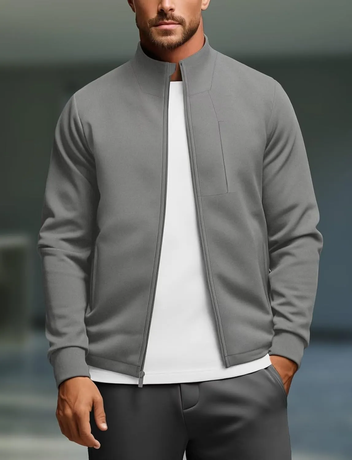 Zengjo Men's Track Jackets Full-Zip Athletic Jacket Sweatshirt Mock Neck with Zipper Pockets