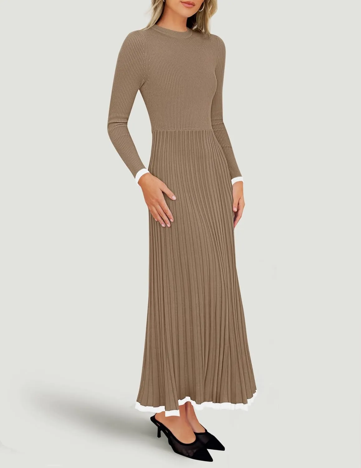 ZESICA Women's Long Sleeve Sweater Dress Fall Crewneck Ribbed Knit Pleated A-Line Maxi Wedding Guest Dresses