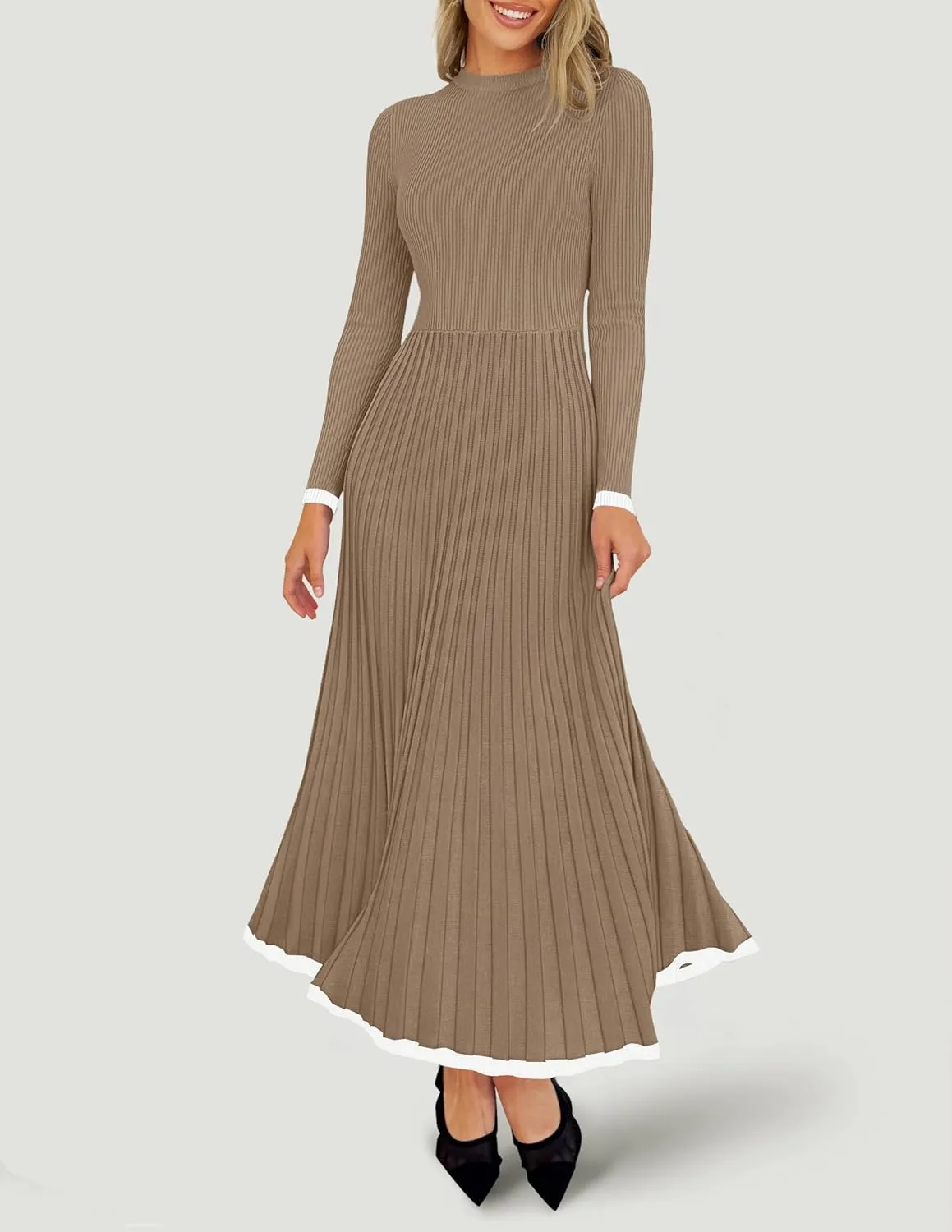 ZESICA Women's Long Sleeve Sweater Dress Fall Crewneck Ribbed Knit Pleated A-Line Maxi Wedding Guest Dresses