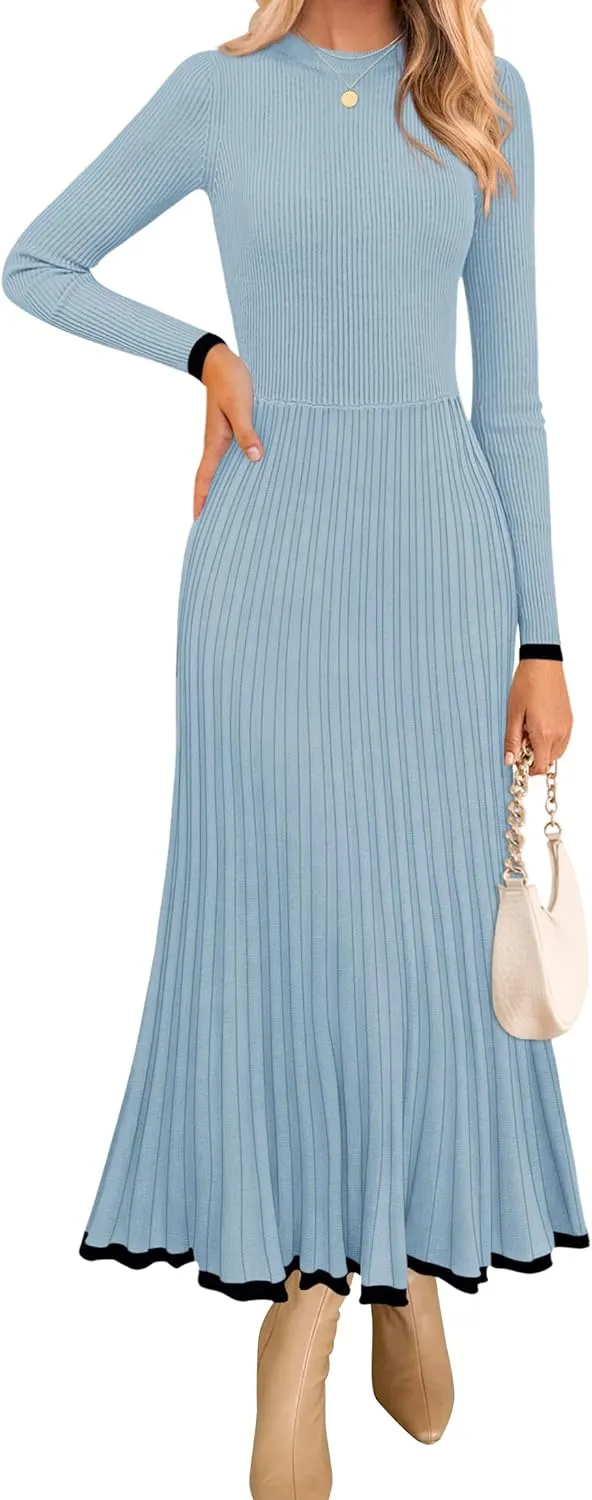 ZESICA Women's Long Sleeve Sweater Dress Fall Crewneck Ribbed Knit Pleated A-Line Maxi Wedding Guest Dresses