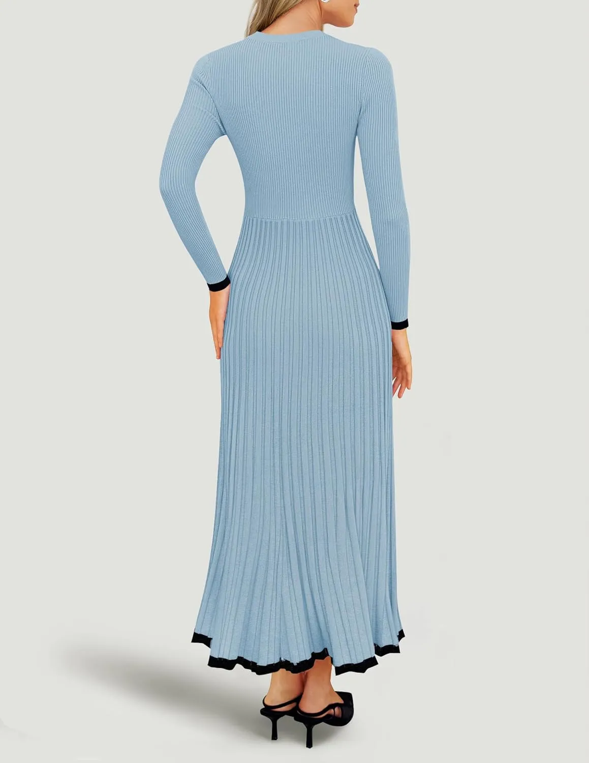 ZESICA Women's Long Sleeve Sweater Dress Fall Crewneck Ribbed Knit Pleated A-Line Maxi Wedding Guest Dresses