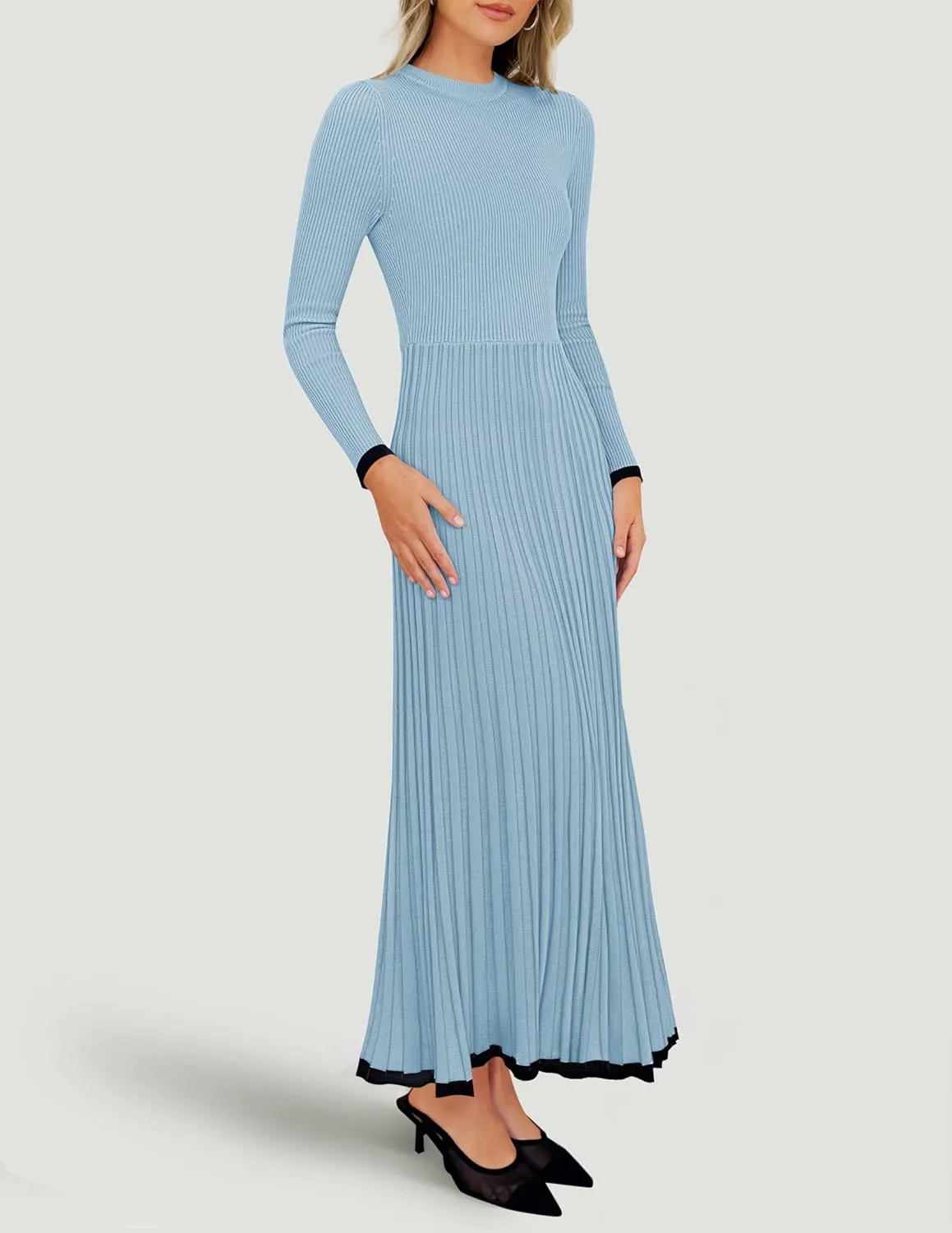 ZESICA Women's Long Sleeve Sweater Dress Fall Crewneck Ribbed Knit Pleated A-Line Maxi Wedding Guest Dresses