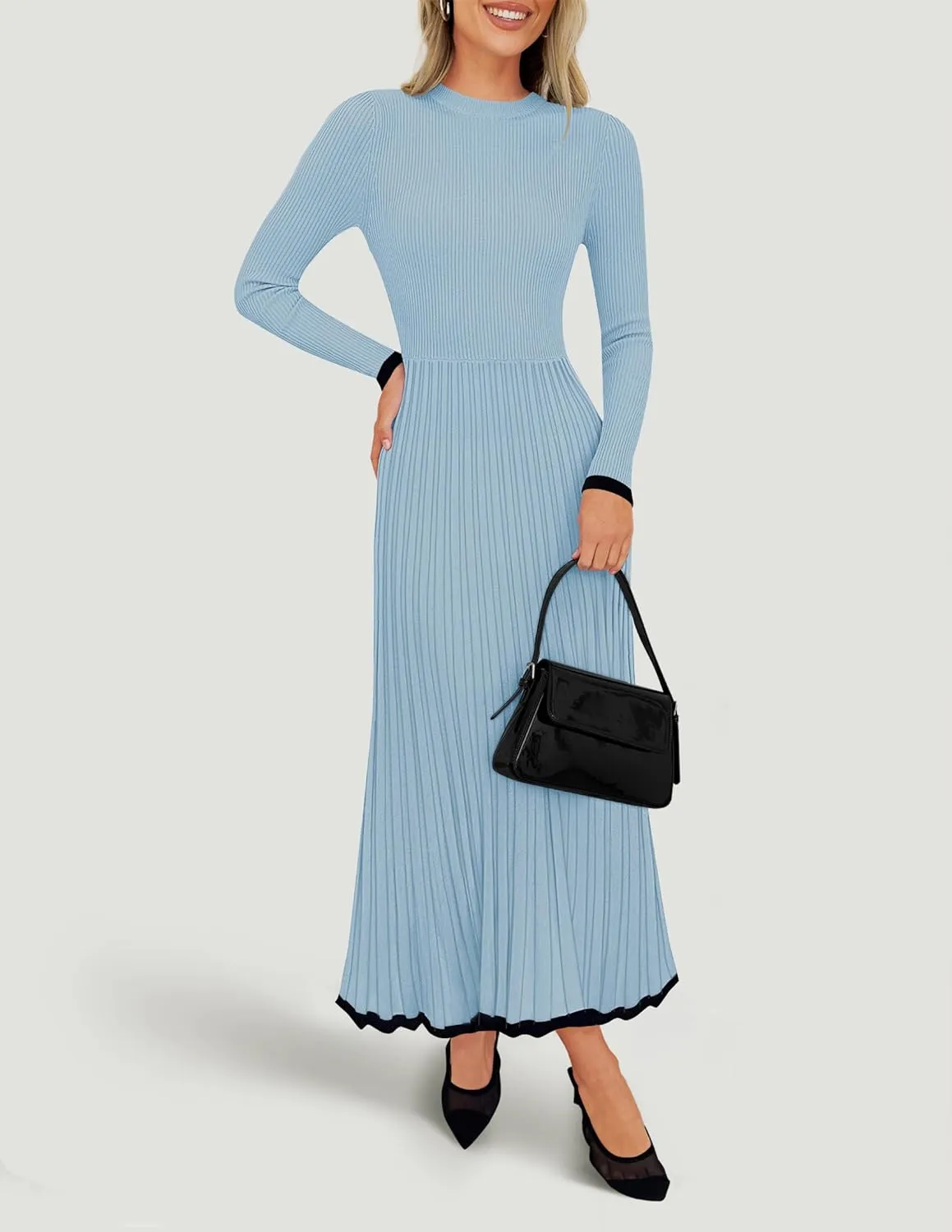 ZESICA Women's Long Sleeve Sweater Dress Fall Crewneck Ribbed Knit Pleated A-Line Maxi Wedding Guest Dresses